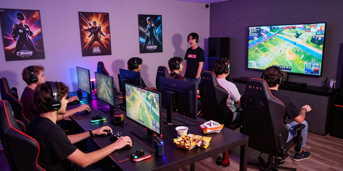 Engaged gamers enjoying a CIKA4D multiplayer gaming session with snacks and vibrant lighting.