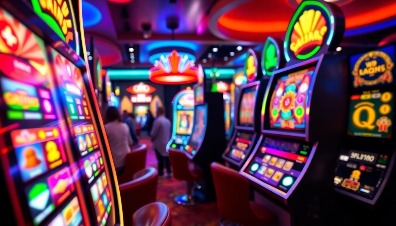 Engage in slot gambling at a vibrant casino scene with joyful players and colorful slot machines.