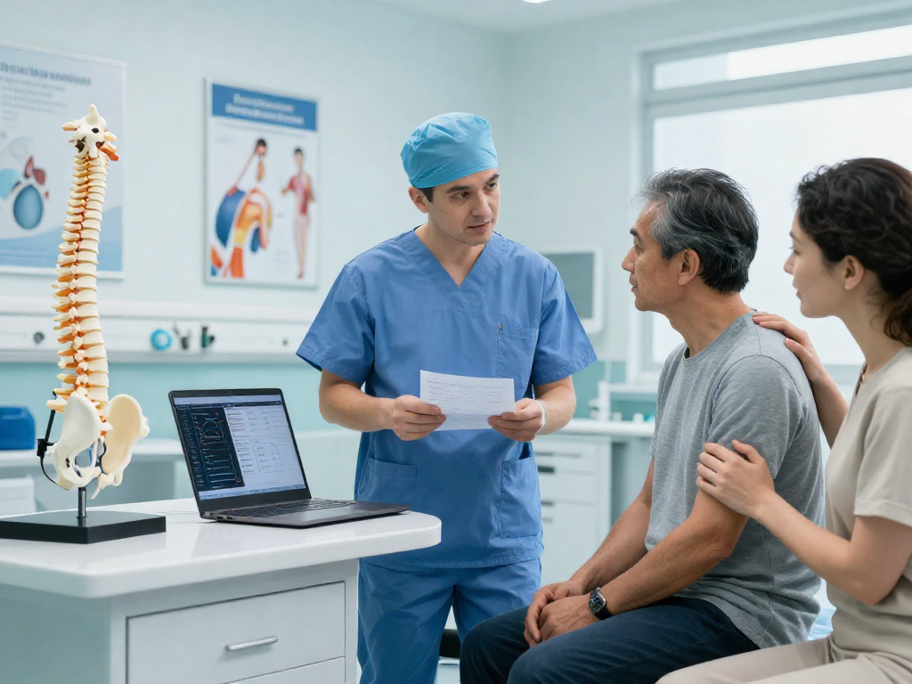 Boyun fıtığı ameliyatı consultation scene highlighting patient engagement.