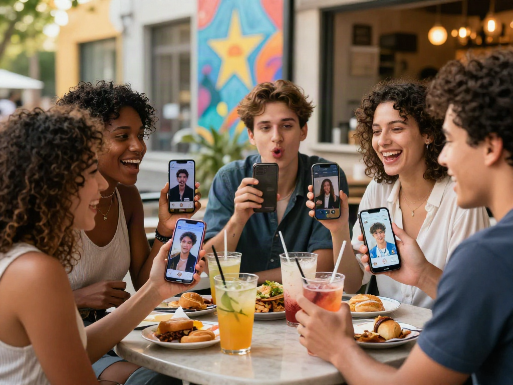 Friends excitedly discovering which celebrity they look like at a café