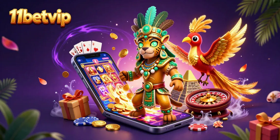 Spin colorful slots and win with 11betvip in this vibrant 3D casino illustration.