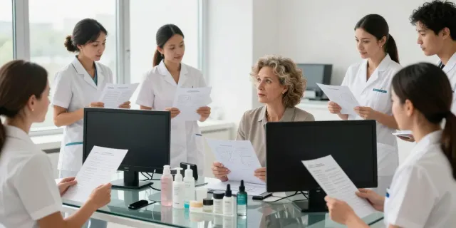 Consultation on alternatives to QOVES with beauty specialists analyzing facial reports.