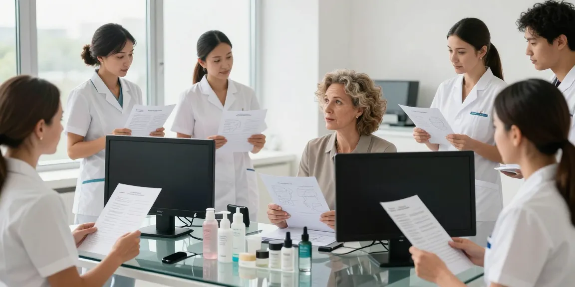 Consultation on alternatives to QOVES with beauty specialists analyzing facial reports.