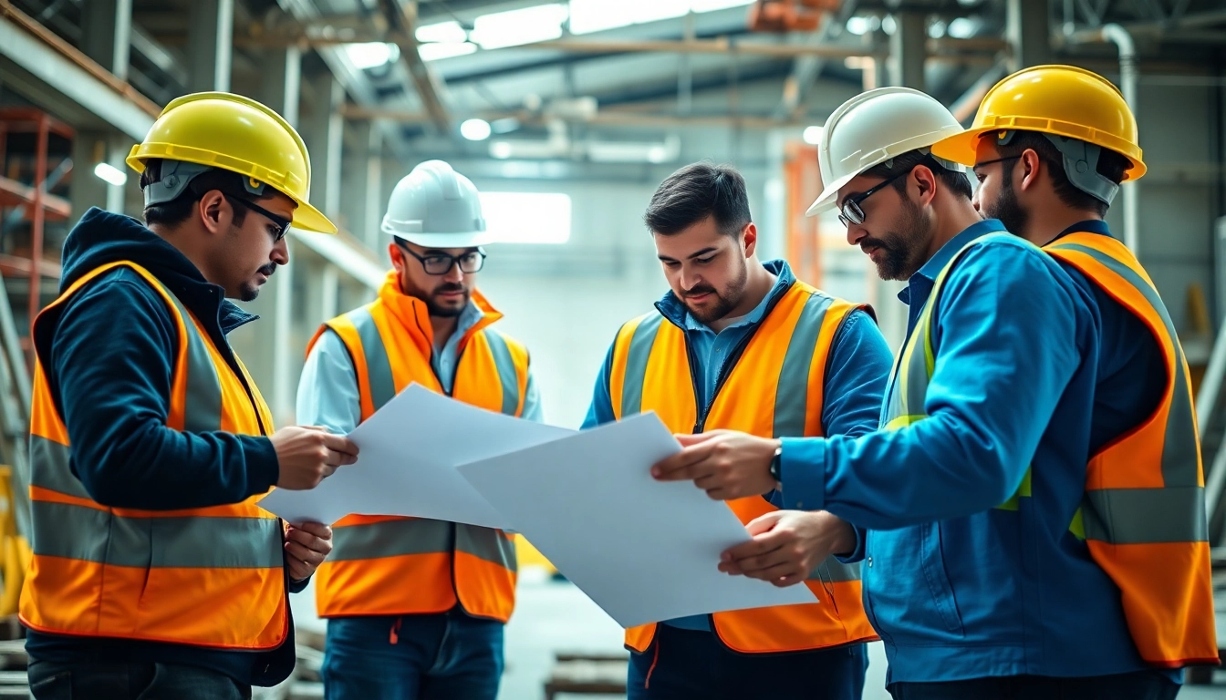 Construction safety compliance resources showcased by diverse workers engaging in safety measures and planning.