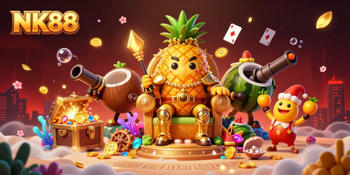 Engage with NK88 to maximize your winnings at the vibrant beach casino with colorful characters and game elements.