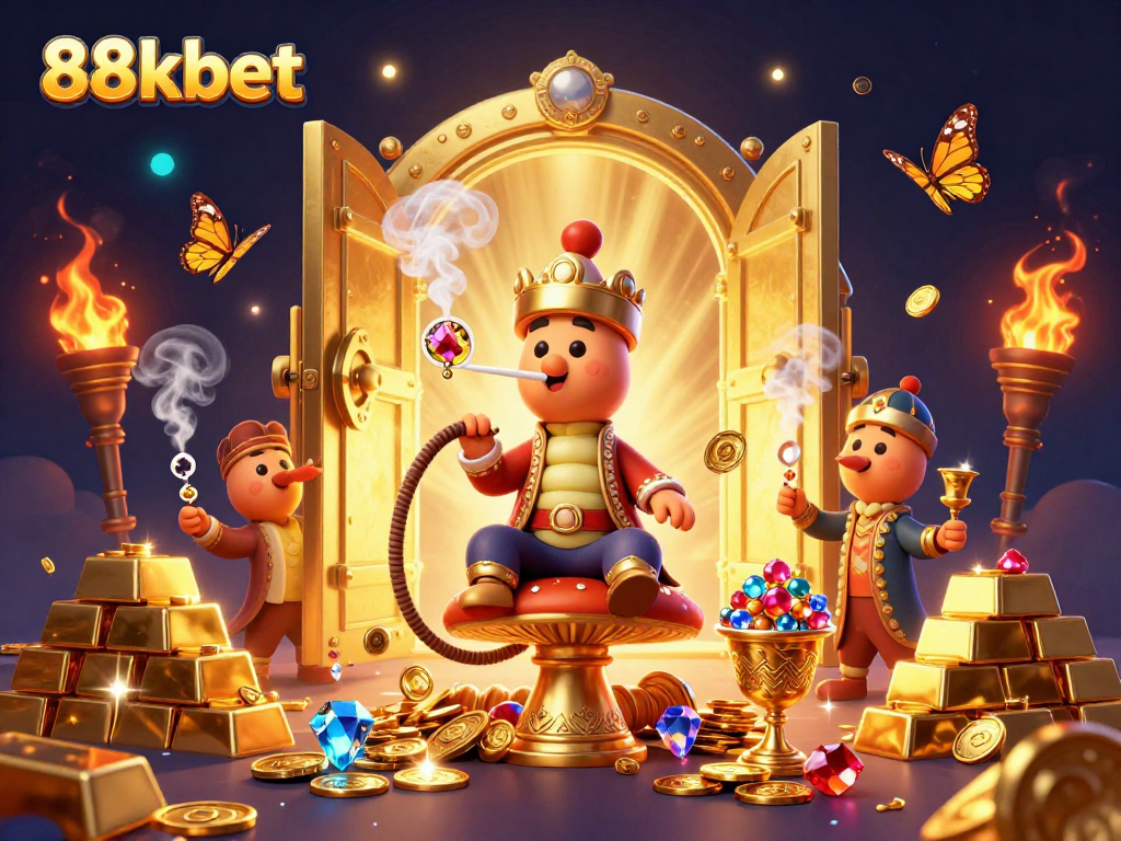 Win big with 88kbet in this vibrant cartoon depiction of a casino fantasy filled with treasures.