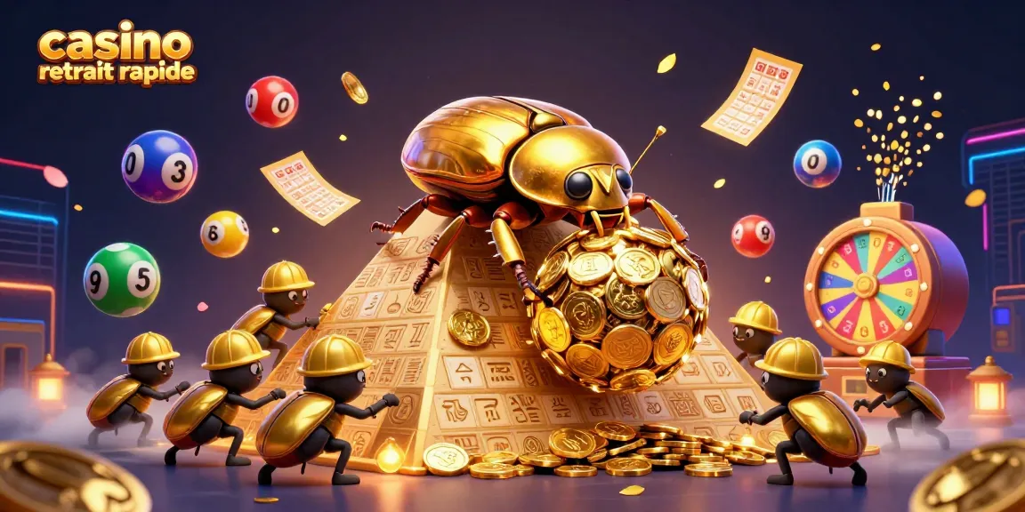 Casino retrait rapide : un scarabée d'or roule des pièces sur une pyramide, symbolisant les gains rapides.