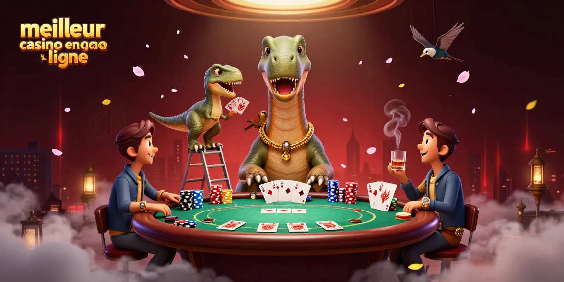 Illustration d'un brontosaurus s'inquiétant d'un petit tableau de poker au meilleur casino en ligne, entouré de cartes et de jetons.
