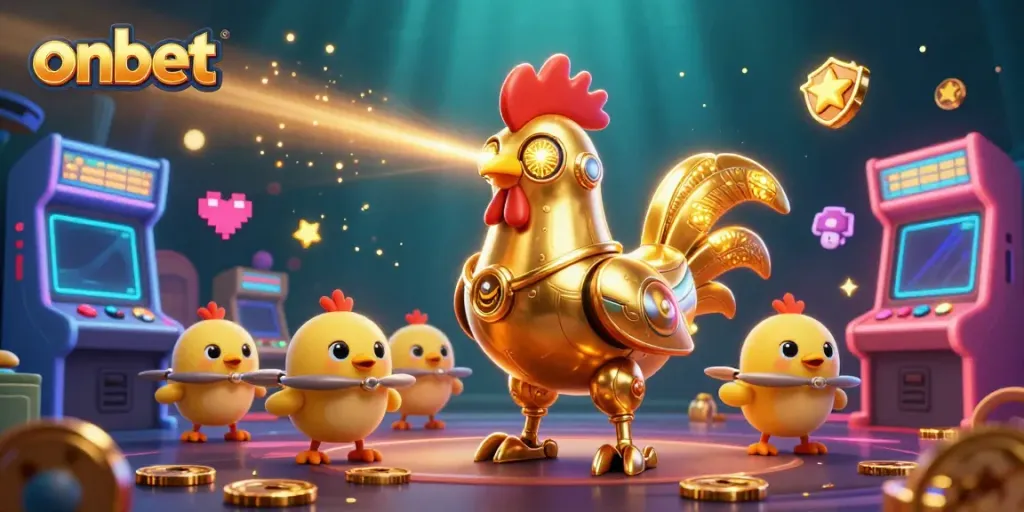 Experience the thrill of onbet with a dynamic 3D scene featuring a golden rooster robot and baby chick drones amid vibrant casino elements.