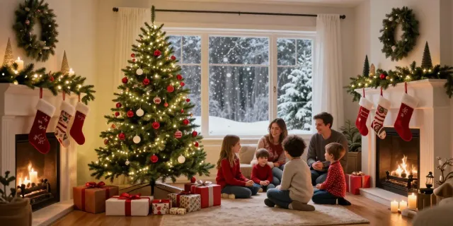 Festive living room with a slim Christmas tree and family celebrating the holiday season.