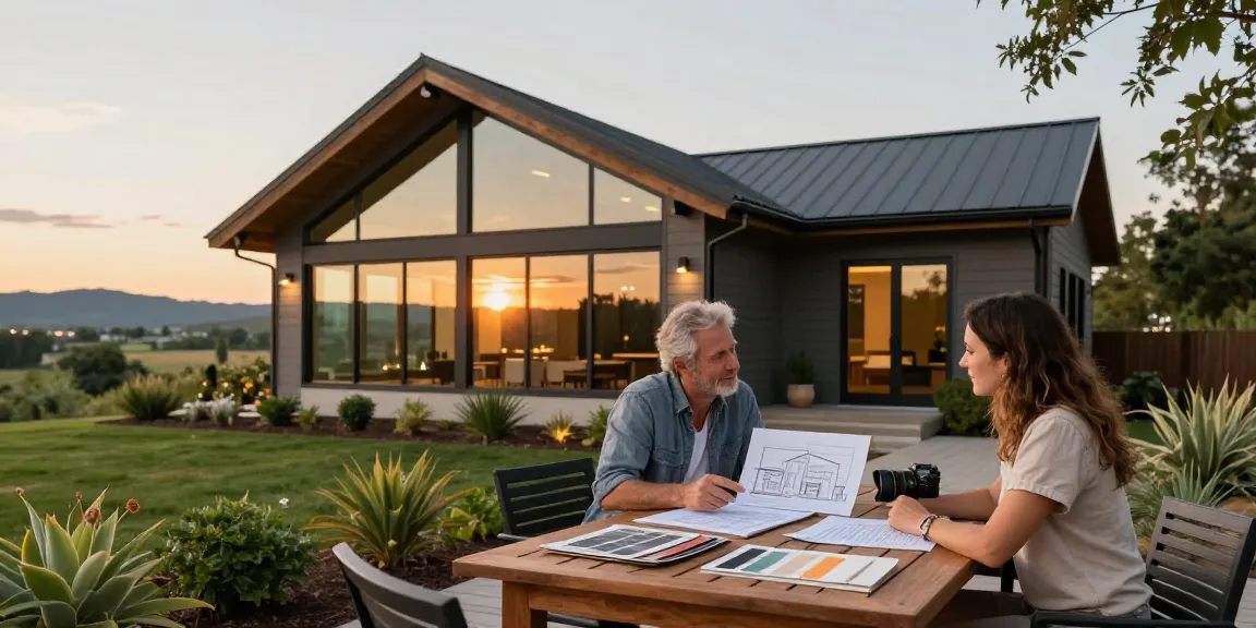 A couple discussing the design of their BM2500 barndominium in a beautiful outdoor setting at sunset.