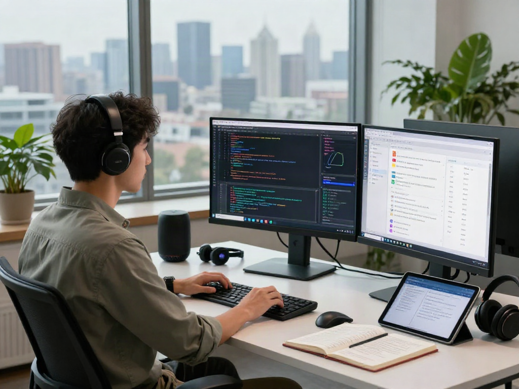 AI developer coding advanced algorithms in a modern workspace featuring city views, emphasizing the concept of crush on ai and innovation.