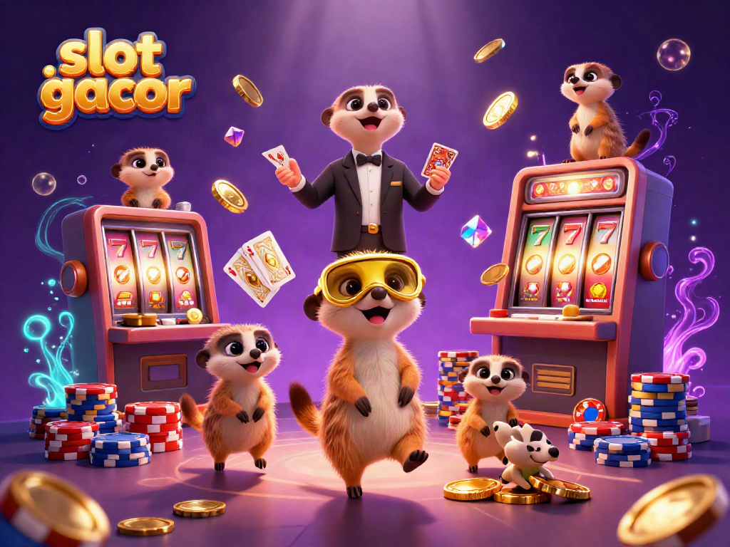 Experience the excitement of slot gacor with playful meerkats in a vibrant casino scene.