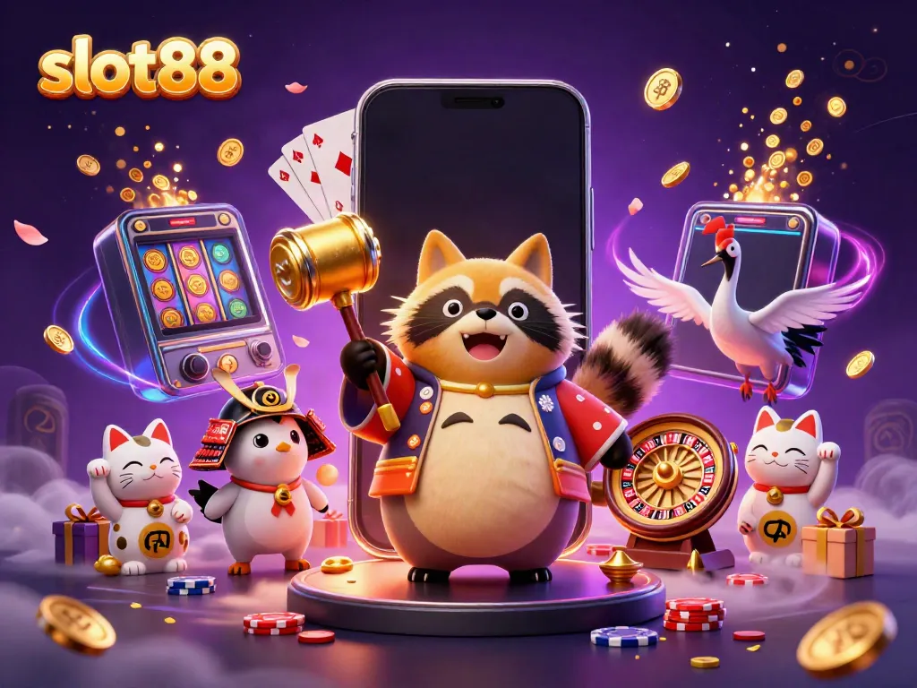 Permainan slot88 dengan tanuki bahagia dan kucing keberuntungan, dikelilingi elemen kasino yang mencolok.