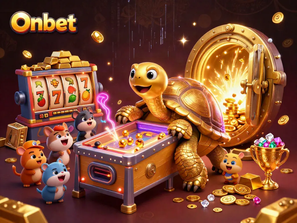 Experience Onbet with vibrant slot machines and a dazzling treasure scene featuring a fun tortoise.