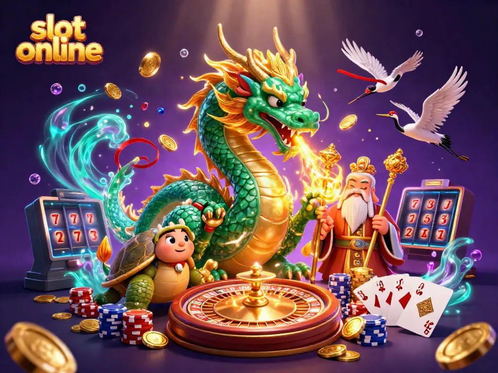 Engage with slot online gameplay featuring a majestic dragon and shimmering casino elements.