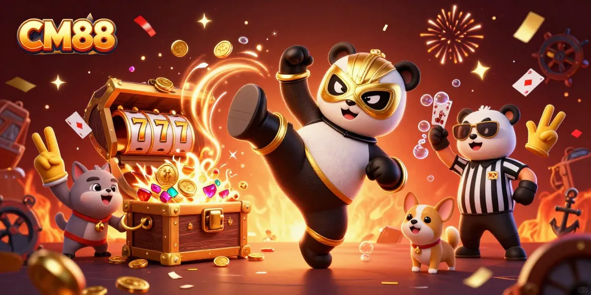 Engage in thrilling slots action with CM88 in this bustling casino scene featuring exciting characters.