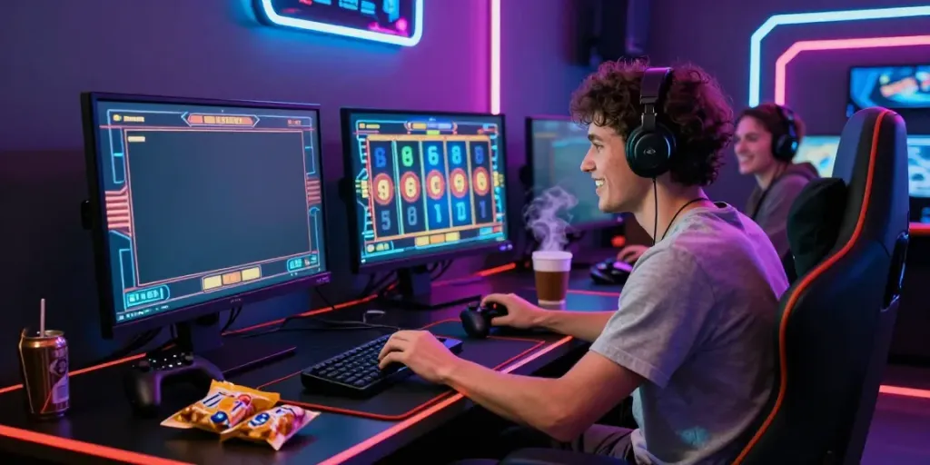Engaging player experiencing excitement playing สล็อตเว็บตรง on a large screen.