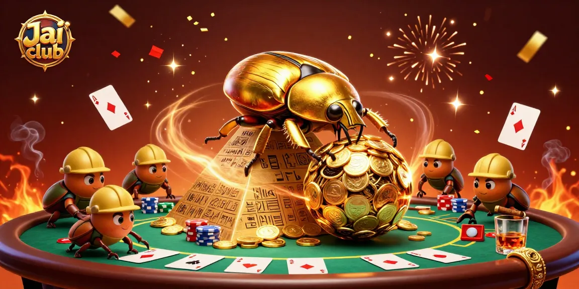 Jai club offers unique gaming experiences captured in this festive 3D illustration of a golden beetle and poker elements.