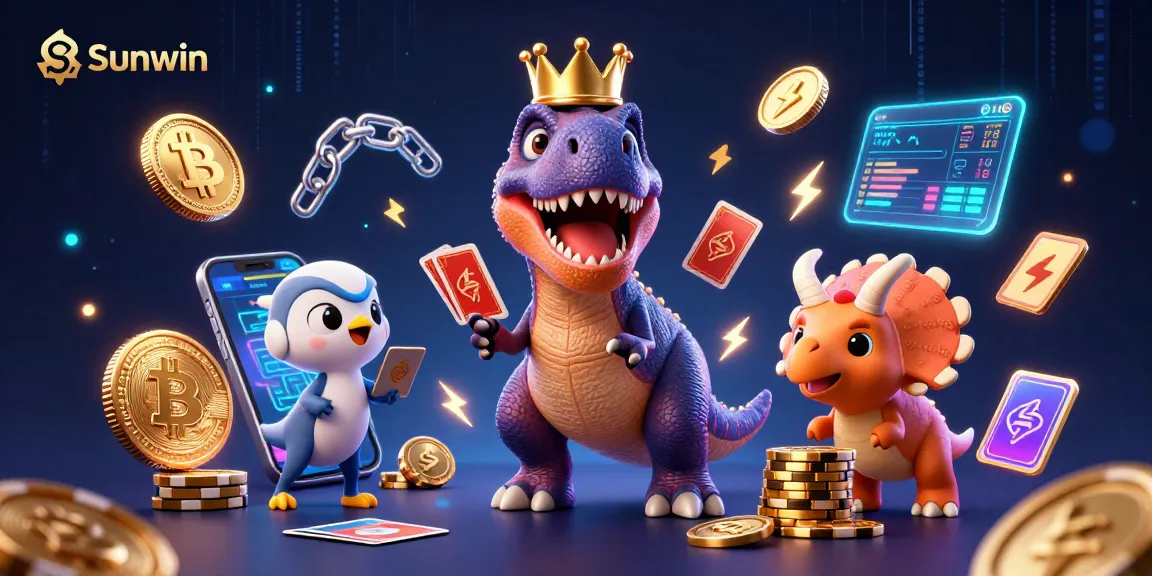 Engage in fun games at Sunwin with T-Rex and friends under a vibrant, dynamic casino backdrop.