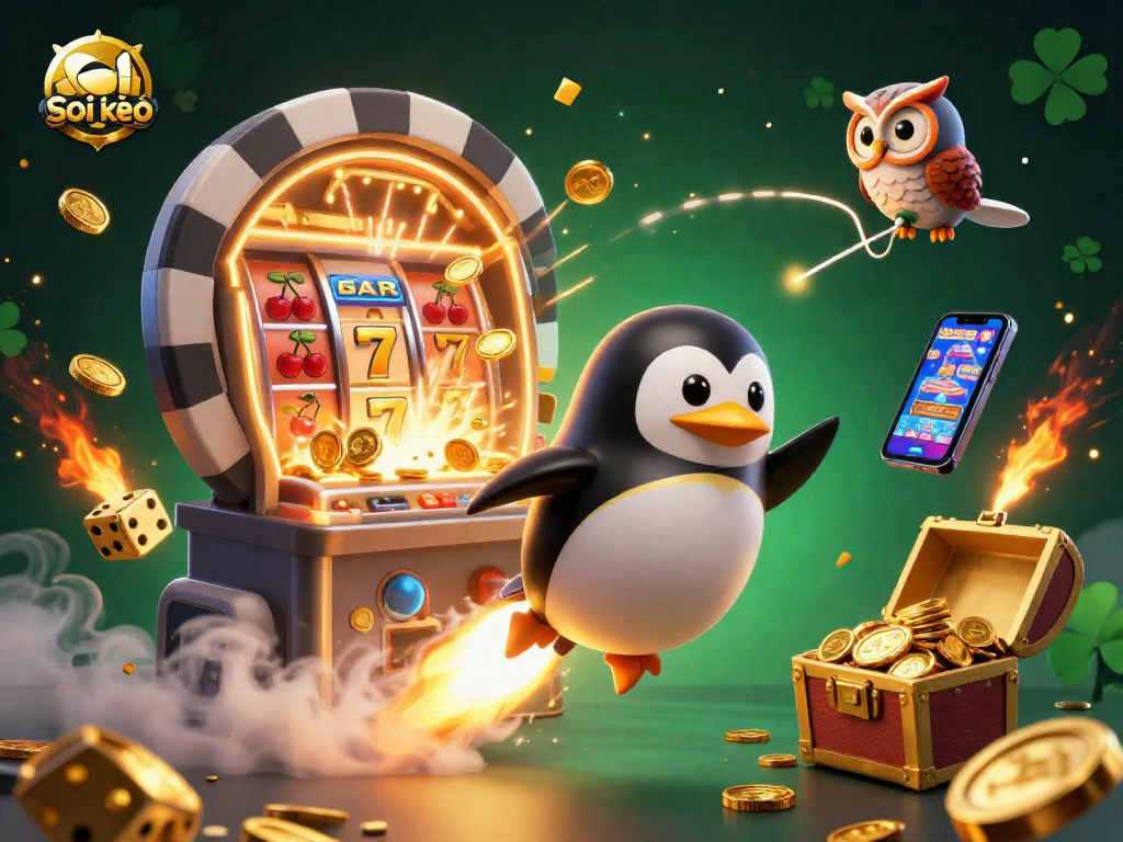 Soi kèo sports betting atmosphere with a golden penguin, casino elements, and vibrant color burst effects.