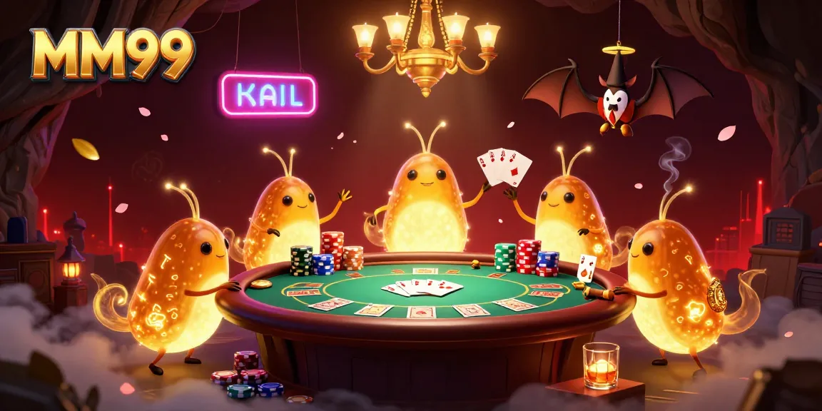 Engage in the excitement of MM99 poker, illuminated by glowworms in a vibrant cave casino setting.