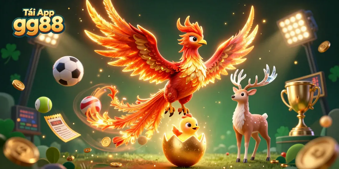 Tải App gg88 for thrilling gameplay with a dazzling phoenix and sports elements.