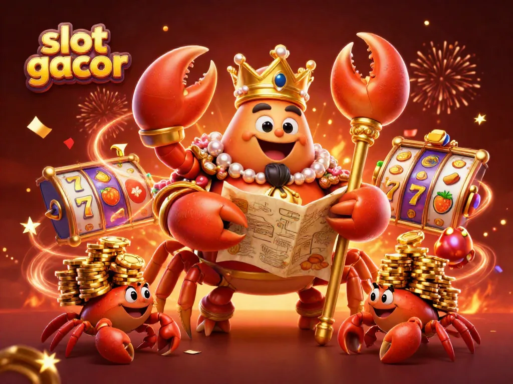 Slot gacor kepiting raja meriah dengan simbol slot di sekitar, suasana kemeriahan dan keberuntungan.