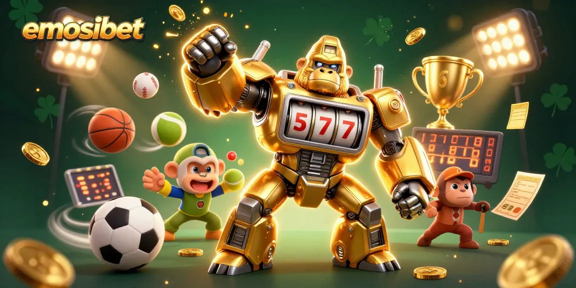Experience exciting wins with emosibet's golden mech surrounded by dynamic sports elements.