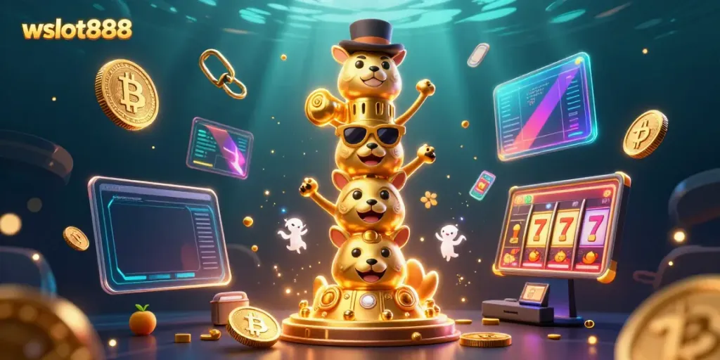 Permainan menarik wslot888 dengan simbol slot yang berkilau dan koin kripto yang mempesona.