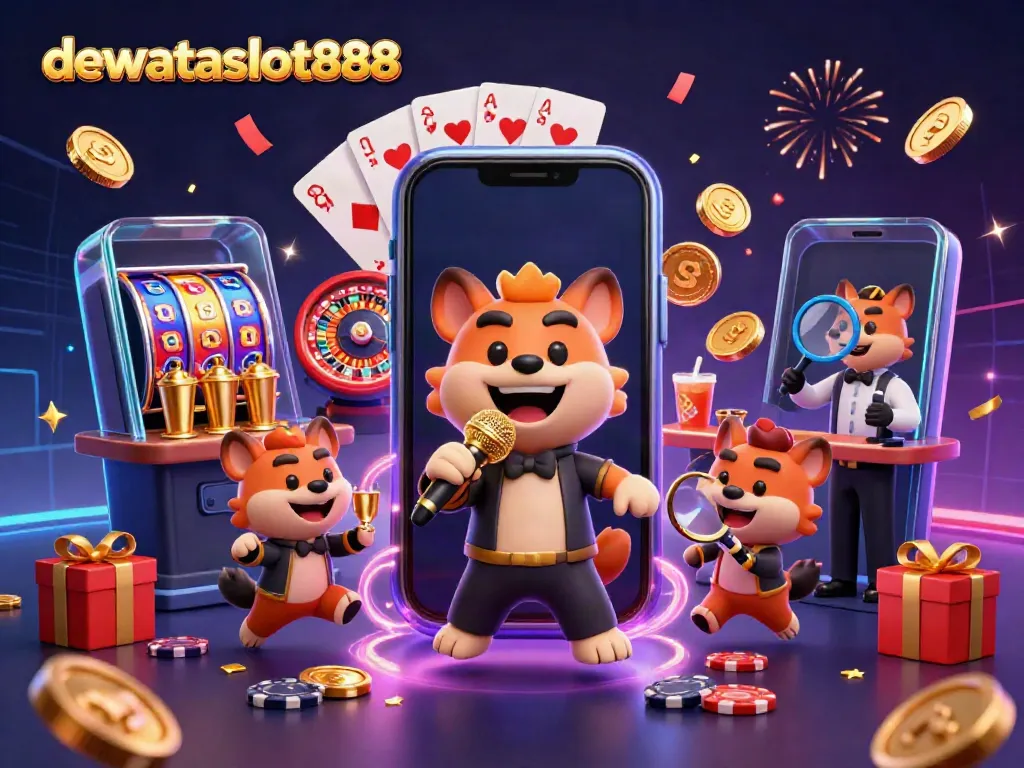 Mainkan dewataslot888 dengan hyena komedi di kasino, penuh slot, koin emas, dan perayaan confetti.