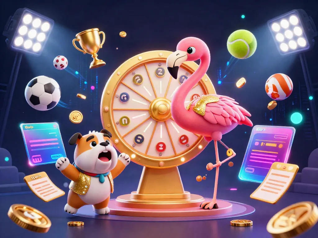 Exciting llwin casino scene with a vibrant cartoon flamingo host spinning a golden prize wheel.