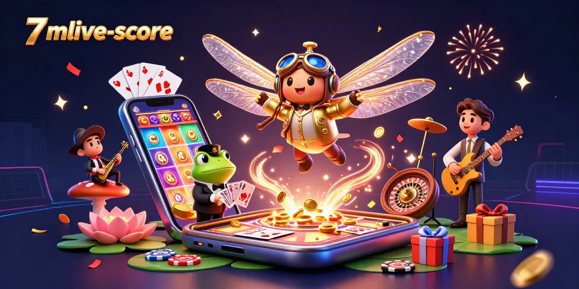 Engage with 7mlive-score through vibrant casino action with a dragonfly pilot and frog croupier.
