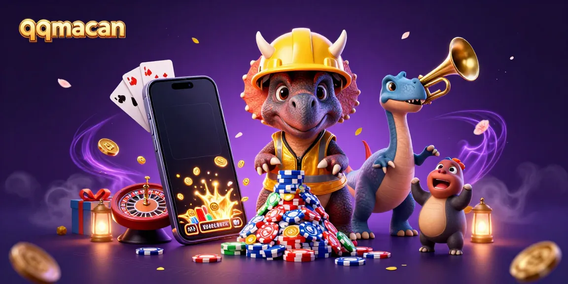 Engage with qqmacan in a vibrant 3D casino scene with playful dinosaurs and exciting gaming elements.