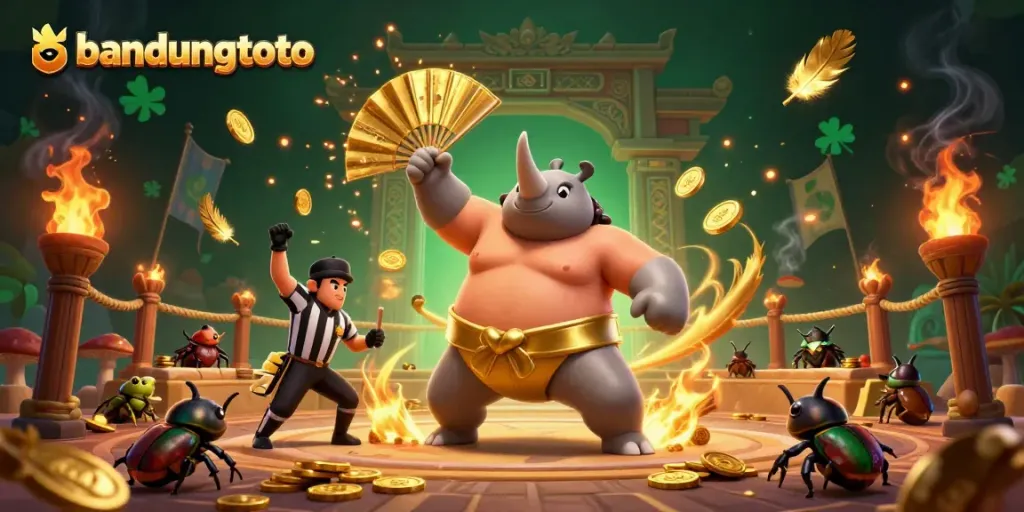 Experience thrilling gameplay with bandungtoto as a rhinoceros beetle champion dominates the ring, surrounded by coins and colorful elements.