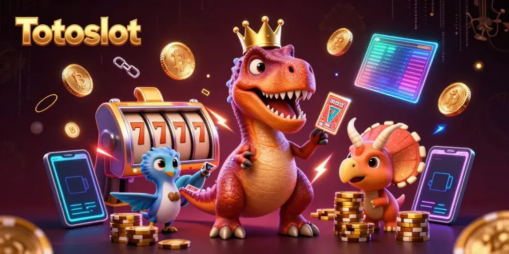 Totoslot menghadirkan ilustrasi kasino dinamis dengan dinosaurus berwarna-warni, simbol slot, dan elemen crypto