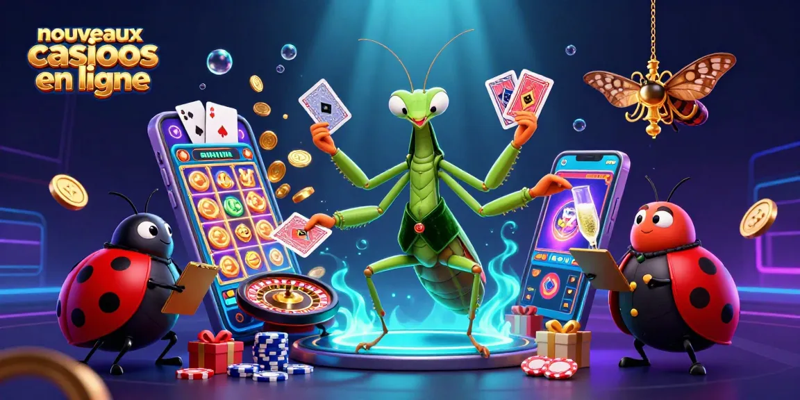 Jouez aux nouveaux casinos en ligne avec une illustration dynamique de personnages de casino et de jeux.