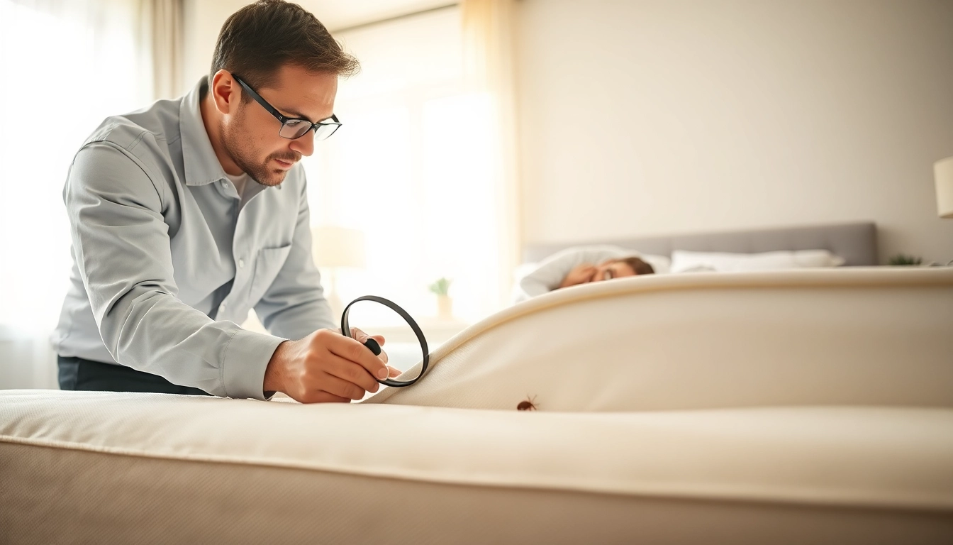Efficient bed bug removal techniques with a professional examining a mattress in a bright bedroom.