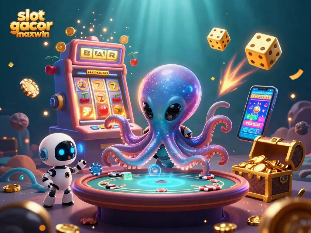 Jelajahi slot gacor maxwin dengan gambar ilustrasi kasino 3D yang memikat.