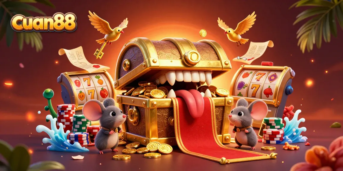 Engage with cuan88’s vibrant 3D casino experience featuring treasure and slot reels.
