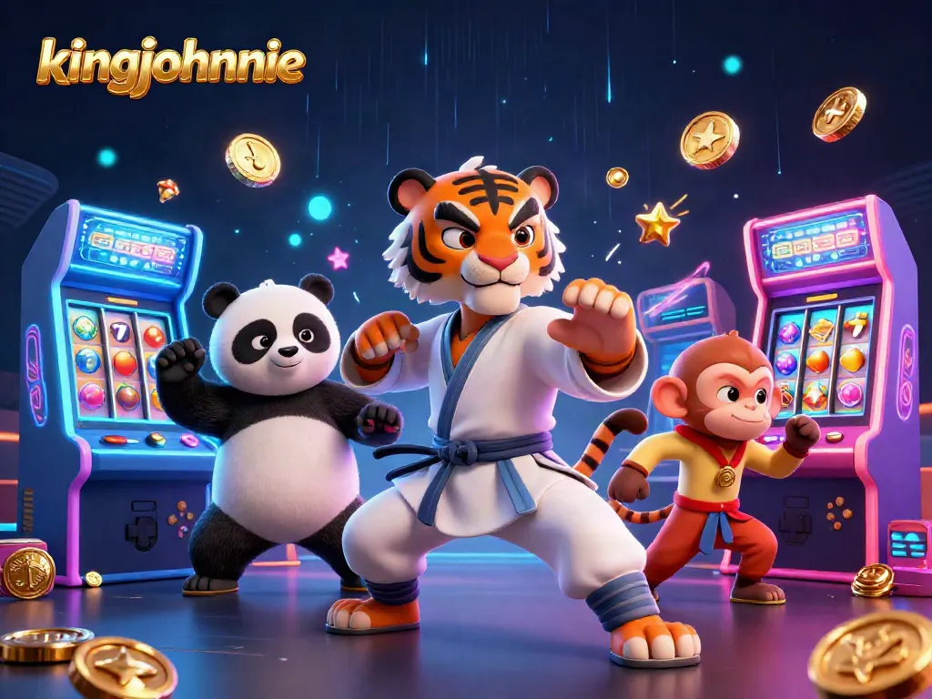 Experience kingjohnnie's outstanding gaming with 3D kung fu characters, vibrant slot elements, and a playful scene.