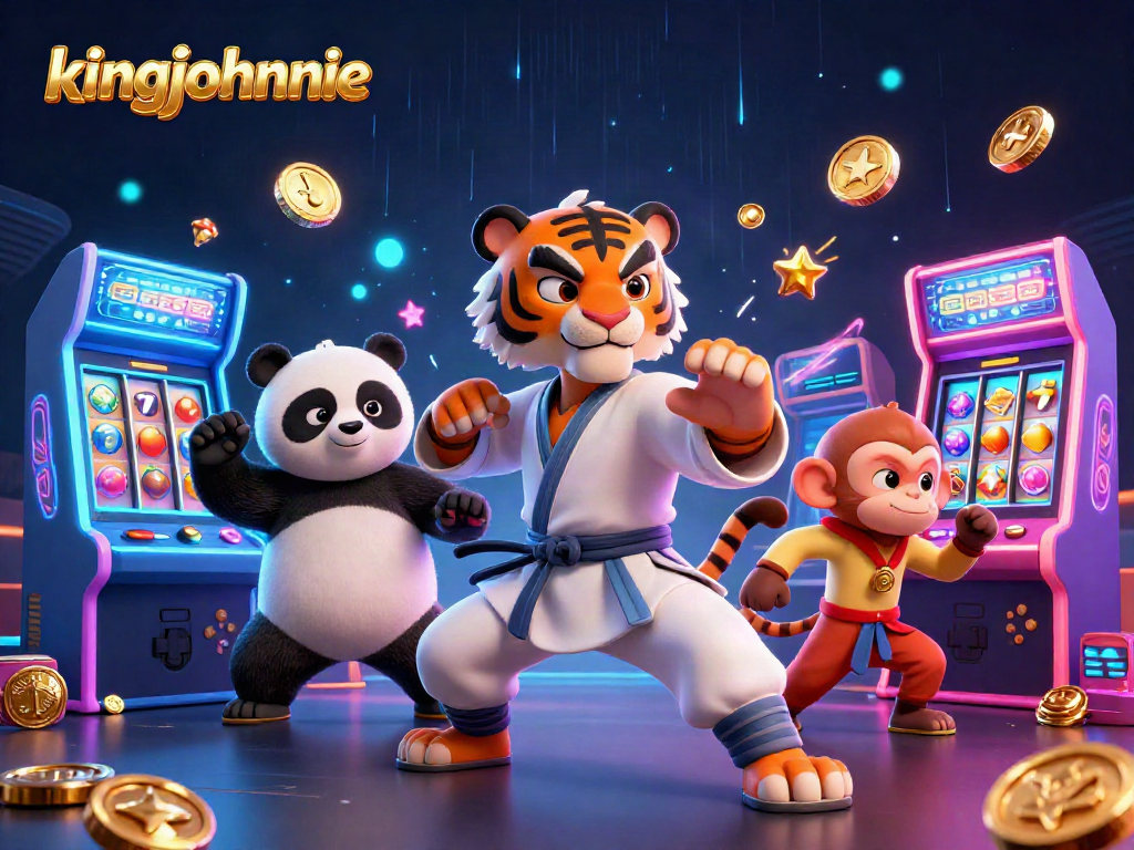Experience kingjohnnie's outstanding gaming with 3D kung fu characters, vibrant slot elements, and a playful scene.