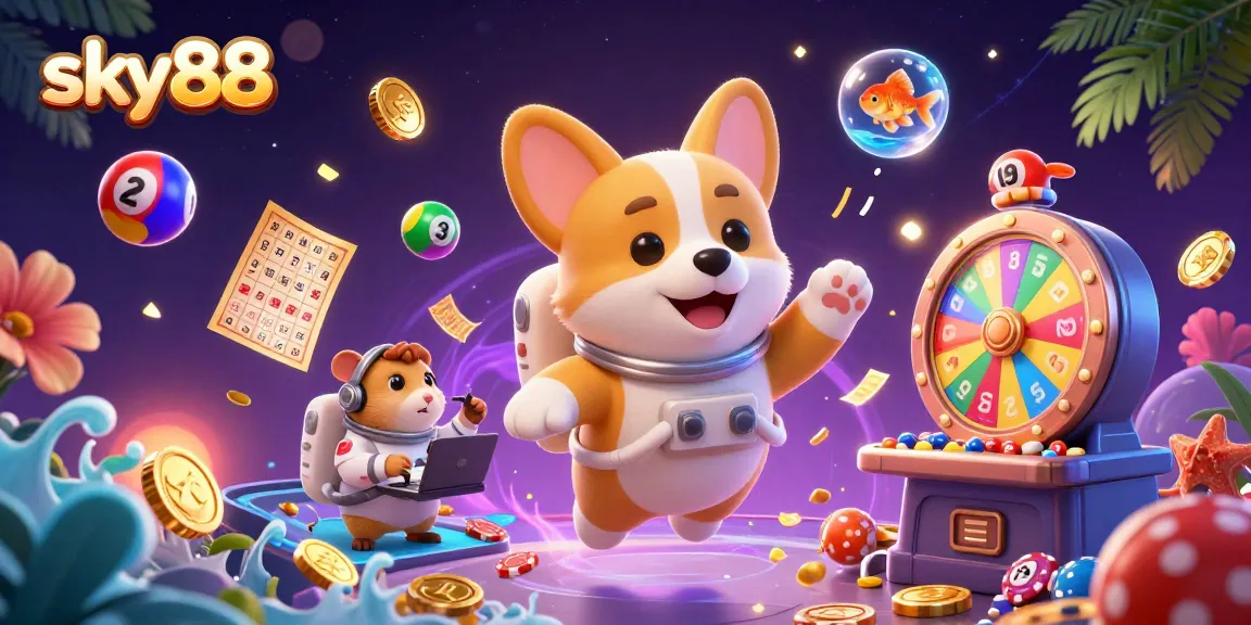 Engage with exciting gaming at sky88's virtual casino featuring playful characters and vibrant elements.