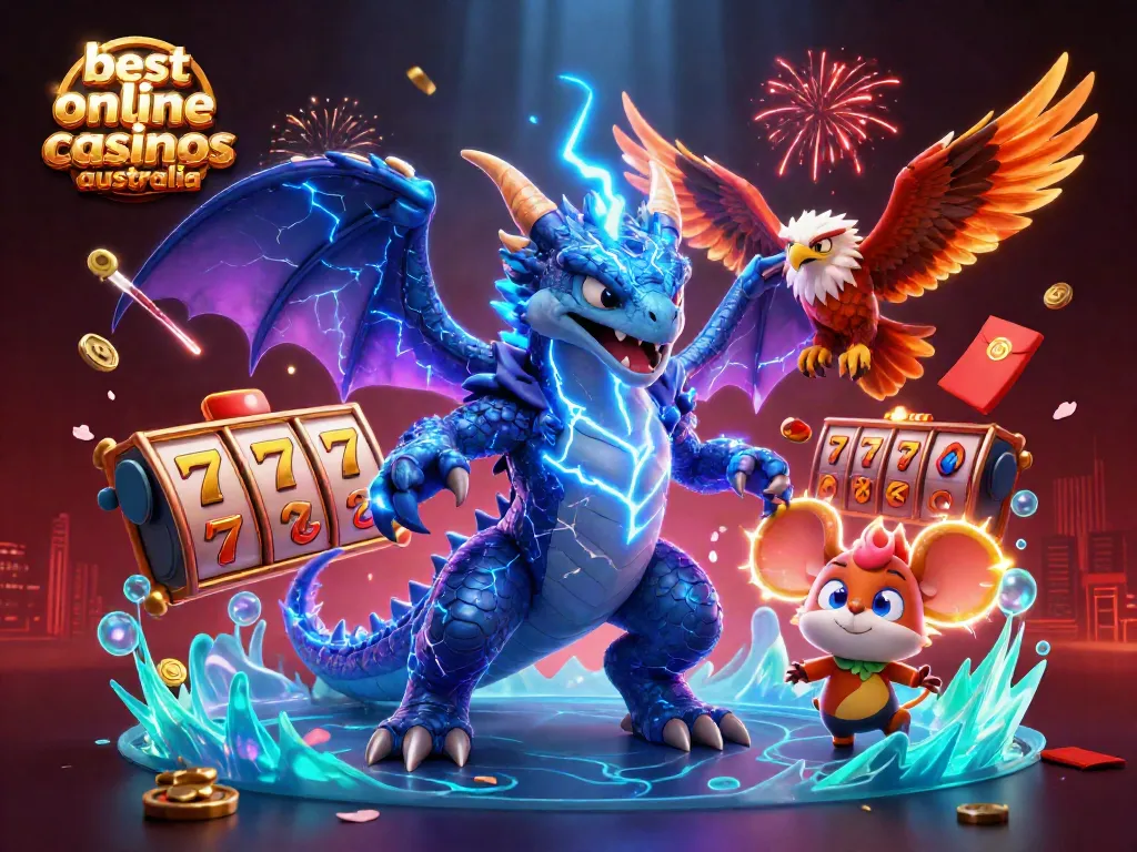 Experience the best online casinos Australia illustrated with vibrant 3D characters amidst dynamic casino elements.