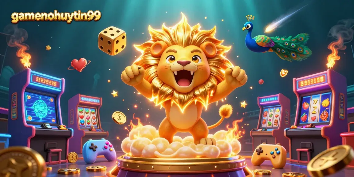 Experience the excitement of gamenohuuytin99 with fiery lion and golden dice in vibrant casino scene.