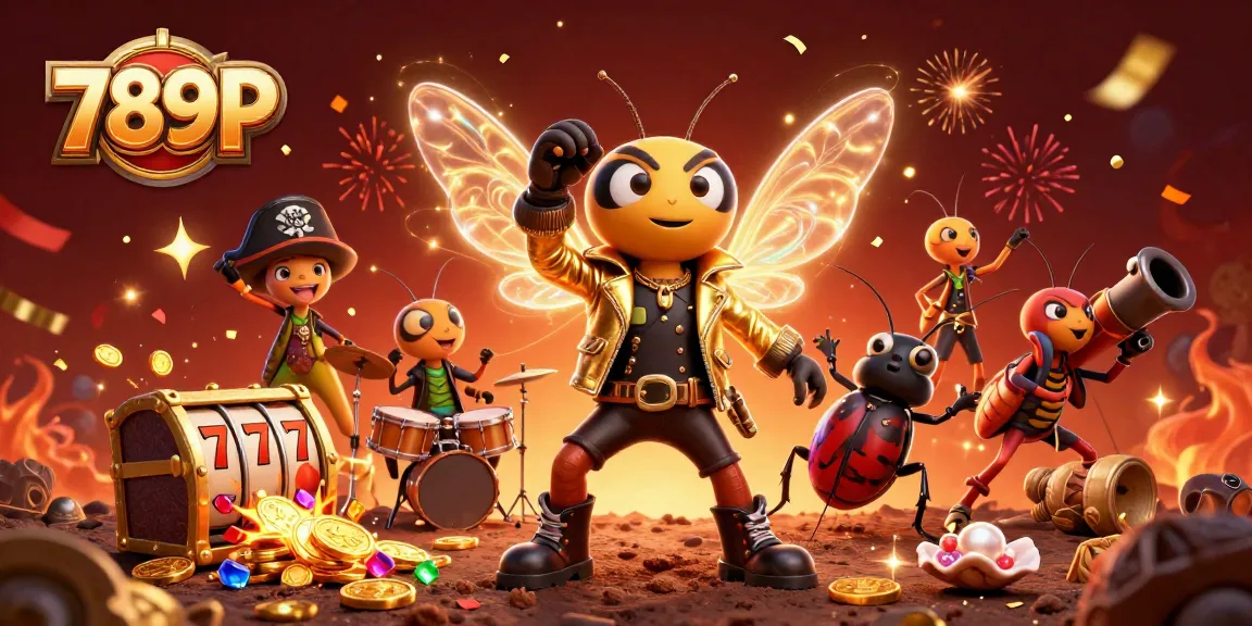 Engage with 789P's exciting casino experience featuring a lively 3D cicada rock star and vibrant treasure elements.